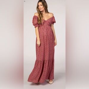 Maternity Pink Floral Puff Sleeve Maxi Dress